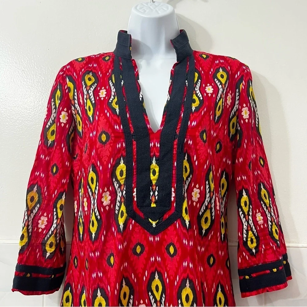 Tory Burch Women's 2 Cotton Ikat Print Long Sleeve Blouse Tunic Red Boho Resort